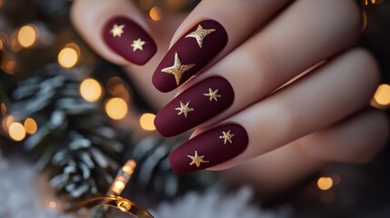 Matte burgundy nails with gold star accents