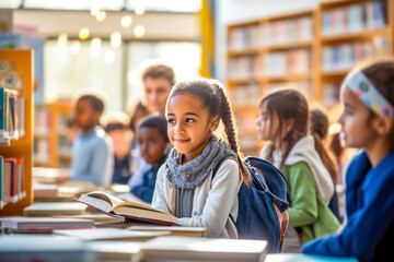 Middle Eastern girl in school library with book. Education support, integration program for refugee, migrant children. Concept of government social program assistance for help adaptation young kids
