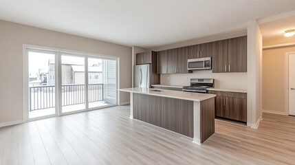 Fototapeta premium Modern Kitchen Island and Sliding Glass Balcony Doors