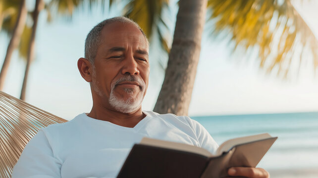 Relaxed senior hispanic man enjoying a peaceful moment reading a book while resting in a hammock on a tropical beach during his vacation