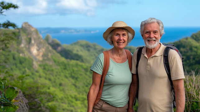 Retired seniors hiking tropical landscape, verdant scenery surrounding adventurous travelers near coastal mountain terrain