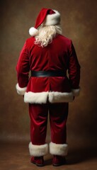 A classic depiction of Santa Claus from the back, showcasing his iconic red suit and white fur trim, perfect for festive themes and holiday marketing.