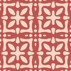 Abstract vector seamless pattern. Simple floral geometric ornament with ethnic folk motif. Retro vintage background texture with flower silhouettes, organic shapes, tiles. Red and beige color design