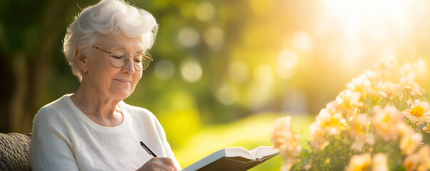 Peaceful senior woman enjoying her retirement writing notes in a notebook in a beautiful sunny garden surrounded by colorful flowers