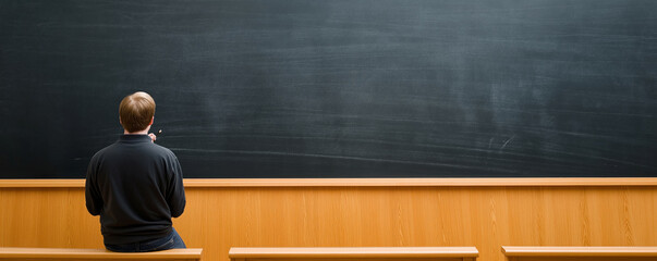 Student writing mathematical equations on a blackboard in a spacious lecture hall, immersed in the learning process within an academic setting