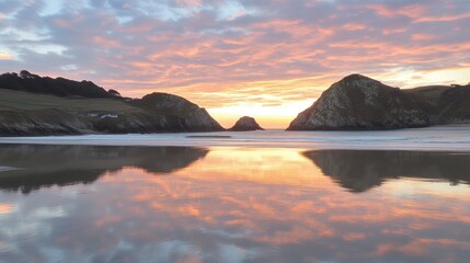 Fototapeta premium Coastal Sunset Reflecting in Calm Ocean Waters