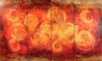 Fototapeta premium Fiery abstract art with orange swirls and reddish background.