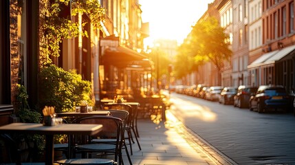 Sunlit European Street Cafe Tables And Chairs