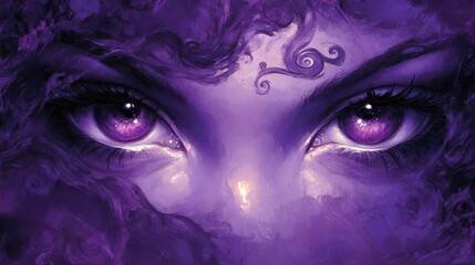 Purple eyes, painted face, swirling background.