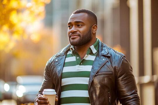 African American man wearing green and white striped polo shirt and leather jacket walking with coffee on city street with autumn leaves in background. Concept of urban lifestyle in a vibrant setting