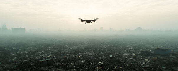 Aerial drone surveying sprawling landfill, revealing extensive waste accumulation and environmental degradation challenges