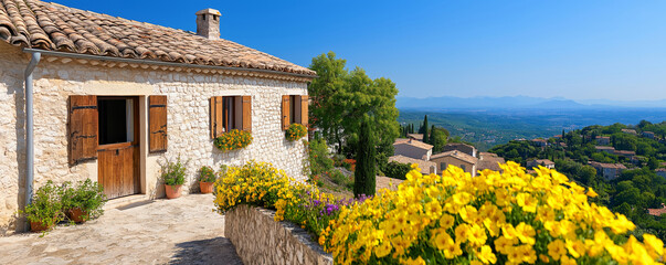 Rustic stone cottage nestled among flowering lavender fields, capturing quintessential Provençal landscape with charming rural tranquility