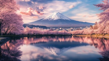 Fototapeta premium The wonderful Mount Fuji stands majestically over a serene lake, surrounded by vibrant cherry blossom flowers and lush trees