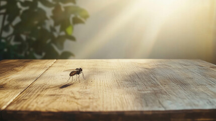 Single fly standing on empty wooden table with soft sunlight and plant shadows in background, creating serene atmosphere