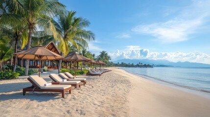 Fototapeta premium Tranquil Tropical Beach with Sun Loungers and Palm Trees on a Sunny Day Near Calm Blue Ocean