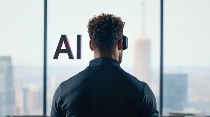 Fototapeta premium Thoughtful businessman gazing at a futuristic city skyline through AI-powered smart glasses highlighting innovation and intelligent technology integration