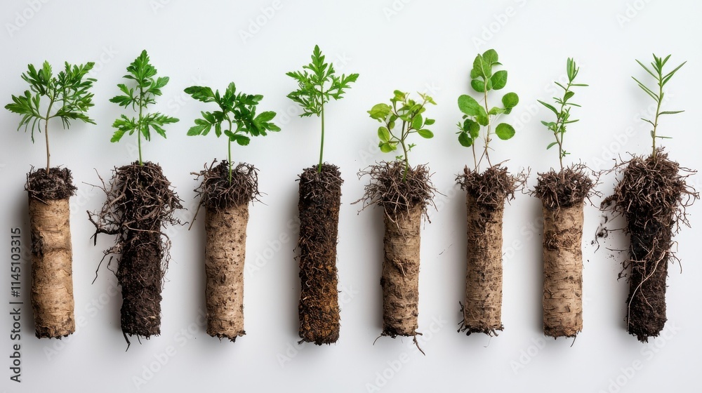 Poster arranging young saplings in two rows of six for optimal growth nursery botanical display greenhouse 
