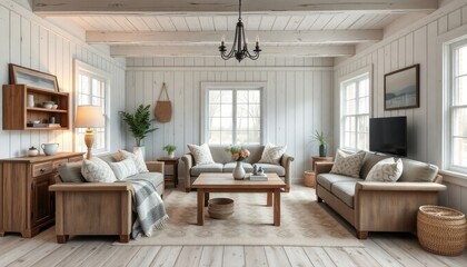 Fototapeta premium Farmhouse Chic Cabin Living Room with distressed wooden furniture, soft neutrals, and cozy