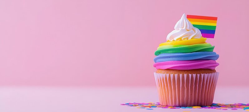 Colorful rainbow cupcake celebration bakery food photography bright pink background close-up view fun and festive concept