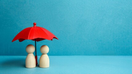Two wooden figures are standing under a red umbrella