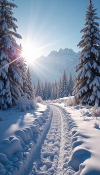 Scenic Winter Wonderland Trail at Sunset with Snow-Covered Pine Trees in proportions for mobile wallpapers