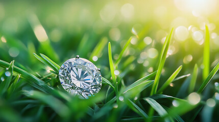 Engagement ring nestled in lush green grass, sparkling diamond jewelry on summer lawn, romantic proposal symbol in nature, closeup of wedding in spring field, love and marriage commitment celebration.