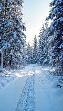 Tranquil Snowy Forest Trail Surrounded by Pine Trees in Winter in proportions for mobile wallpapers