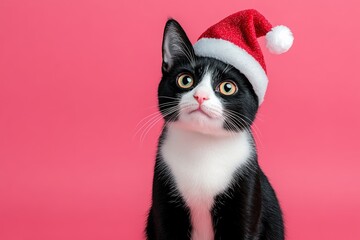 Black and white cat wearing a Santa hat. The cat is looking at the camera with a curious expression