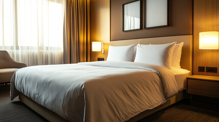 Luxury hotel bedroom in beige tones, elegant apartment with comfortable furniture, empty modern interior design, contemporary styled room with cozy bed.