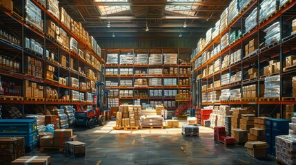 Obraz premium A large warehouse with many boxes stacked on shelves