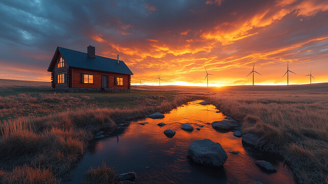 off-grid cabin in a meadow, surrounded by wind turbines and a nearby stream reflecting the golden sunset