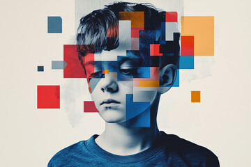 Creative Digital Portrait of a Young Boy With Abstract Geometric Elements symbolizing mental illness, concentration issues and autism