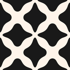 Abstract black and white seamless pattern. Simple vector geometric floral ornament. Elegant background texture with bold flower silhouettes, leaves, lattice, curved lines, tiles. Repated geo design