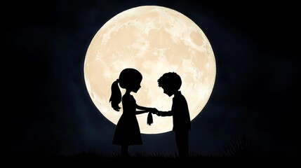 Couple of silhouettes are holding hands in front of a large moon. Scene is romantic and peaceful