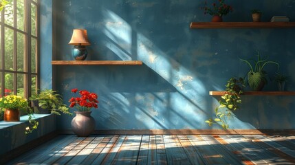 A room with a blue wall and a window