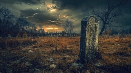A solitary headstone stands in a tranquil graveyard under a starry night sky