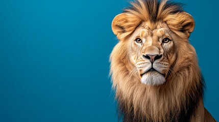 Fototapeta premium Lion with a long mane stands in front of a blue background. The lion's eyes are focused on the camera, giving the impression of a strong and confident animal