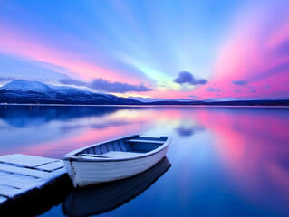 Obraz premium Boat Floats on Calm Water Reflects Pink and Purple Sunset with Snowy Mountain and Wooden Dock with Winter Landscape Theme.