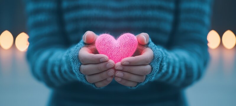Holding a soft pink heart studio setting emotional imagery warm environment close-up view love concept