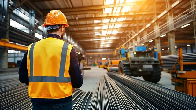 A worker in a high-visibility vest inspects rows of steel wire rods in a sunlit industrial warehouse, with tools and machinery in the background.