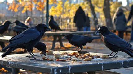 Obraz premium Crows feeding on bread crumbs at a park table with blurred people in background.