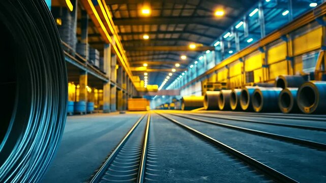 The symmetry of neatly coiled steel wire rods contrasts with the industrial roughness of the warehouse, bathed in the golden light of dusk.