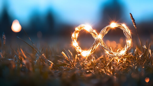 Infinity Symbol Lights up the Grass at Dusk with Magical Glow and Eternal Concept Theme or Symbol of Endless possibilities.