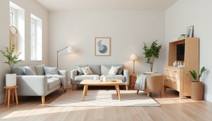 Scandinavian Student Living Room with light wood furniture, soft pastel colors, and cozy textiles. The skirting boards are painted a light gray or white