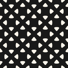 Simple minimal ornament. Abstract floral geometric seamless pattern. Vector monochrome background with small flower silhouettes, triangular shapes, dots, grid. Minimalist black and white texture