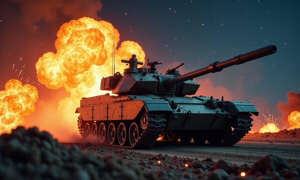 Military tank intense explosion night sky stars fiery