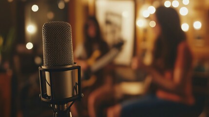 Microphone on the front of blurred two women doing podcast in studio