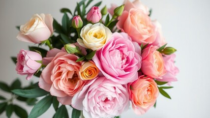 Fototapeta premium A beautiful arrangement of fresh pink peonies and roses with copy space, peonies, colorful