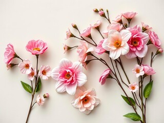 Artificial flowers arranged in a vintage-style wall backdrop, flowers, blossom, colors