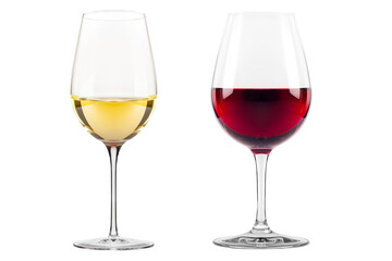 Pair of red and white wine glasses isolated on white transparent background. Rose wine splashing in glassware